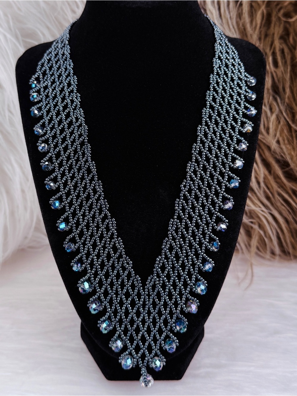 Vintage Gunmetal Beaded Bib Necklace AB Crystal Statement Collar